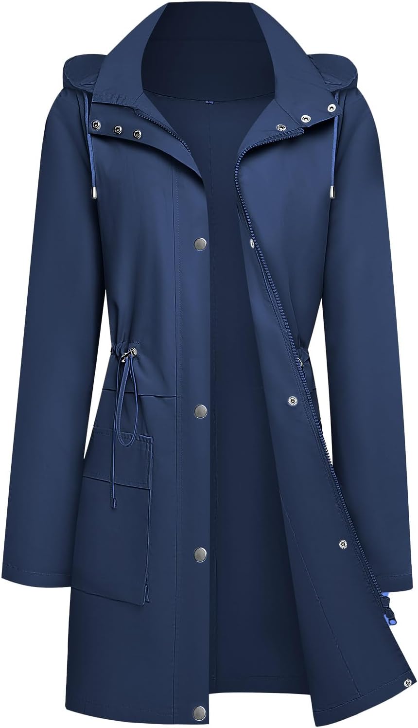 Womens Rain Jacket with Hood, Long Rain Coat for Women Waterproof Trench Coat Lined Windbreaker Fall Jacket - Image 5