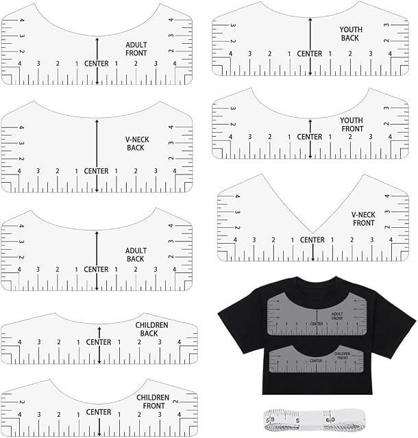 8 Pcs T-Shirt Alignment Rulers Guide to Center Designs Craft Tools U/V Collar for Adults Youth Toddler Infant