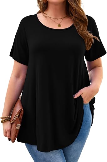 JollieLovin Women Plus Size Short Sleeve Summer Long Tunic Tops Loose Fit T-Shirt to Wear with LeggingsL-5X
