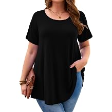 Women Plus Size Short Sleeve Summer Long Tunic Tops Loose Fit T-Shirt to Wear with Leggings(L-5X)