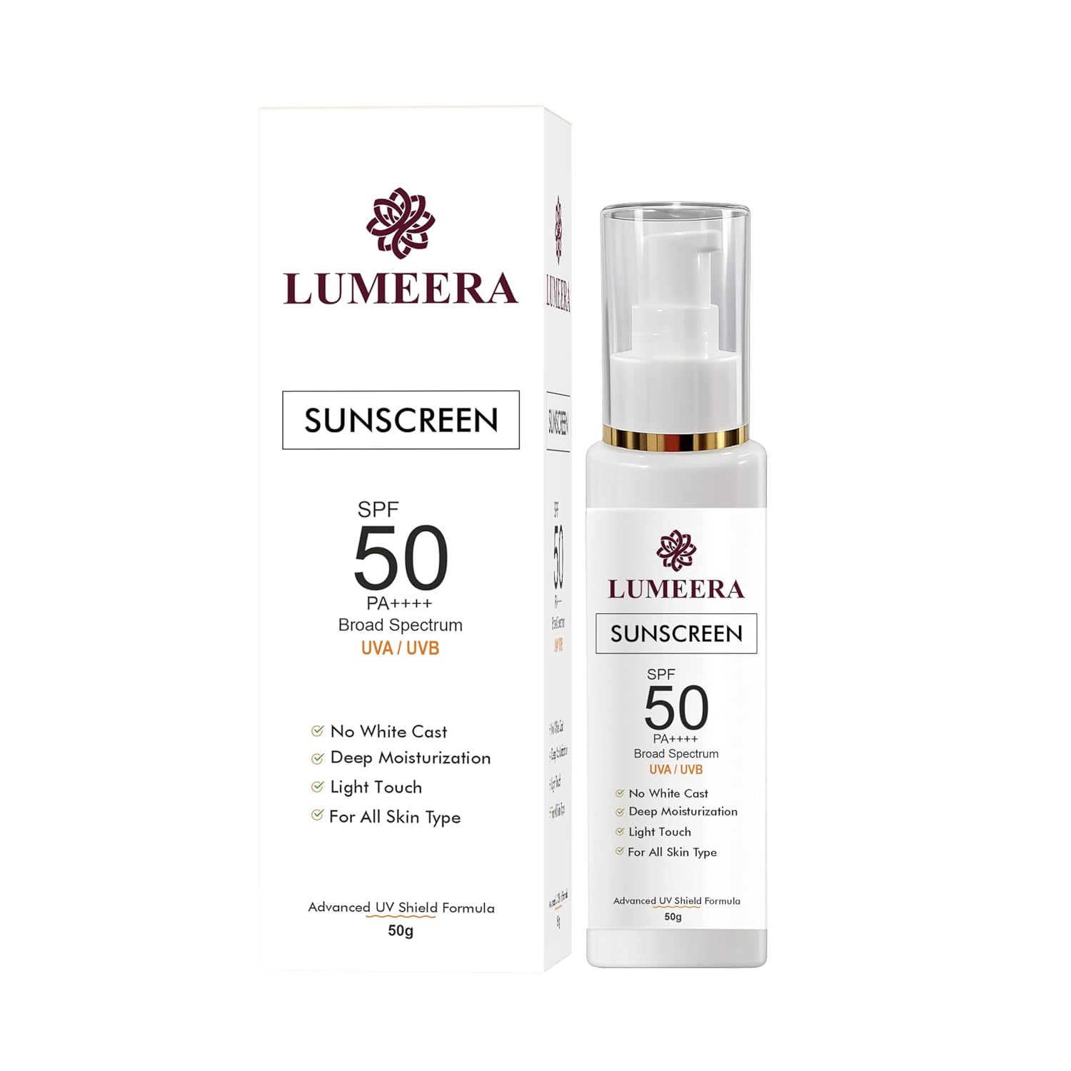LUMEERA Sunscreen SPF 50 PA++++ Broad Spectrum UVA UVB Protection Lightweight No White Cast Deep Moisturizing Daily Sun Pr...