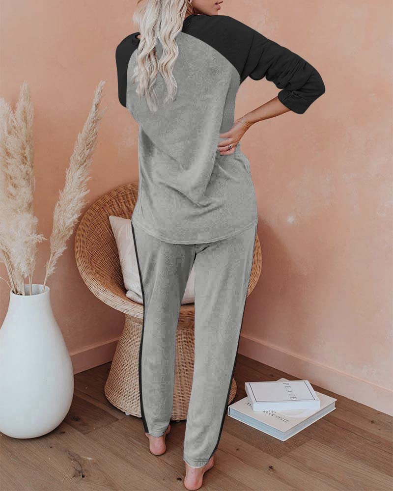Ekouaer Conjunto de pijama de dos piezas para mujer, conjunto de pijama de manga corta con cuello redondo y pantalones deportivos