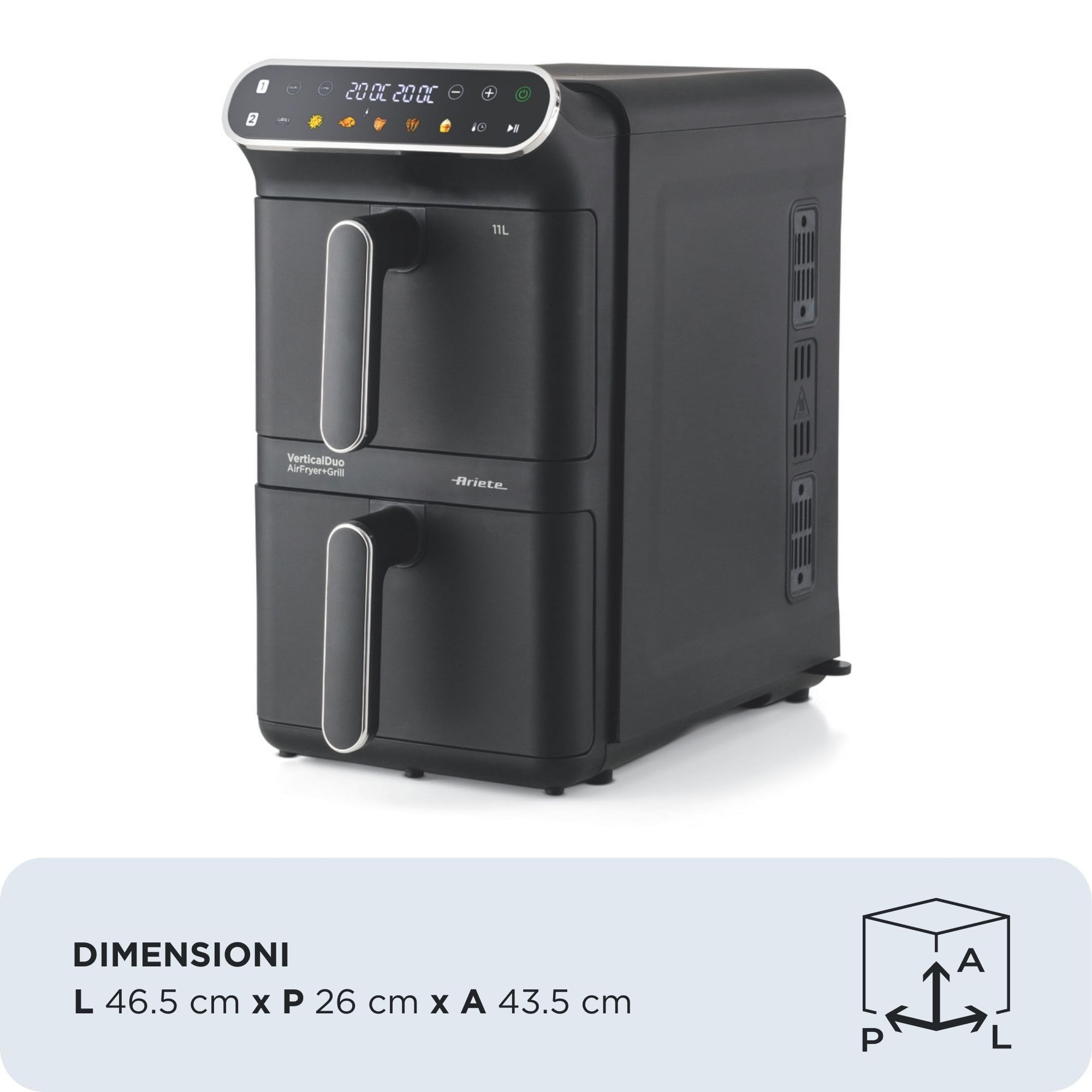Ariete 4640/10 Air Fryer Vertical DUO, Friggitrice ad aria doppia verticale, 2460W, 11L, Due cestelli, Sync e Dual, 6 programmi, Funzione Grill, Fino a 200°C