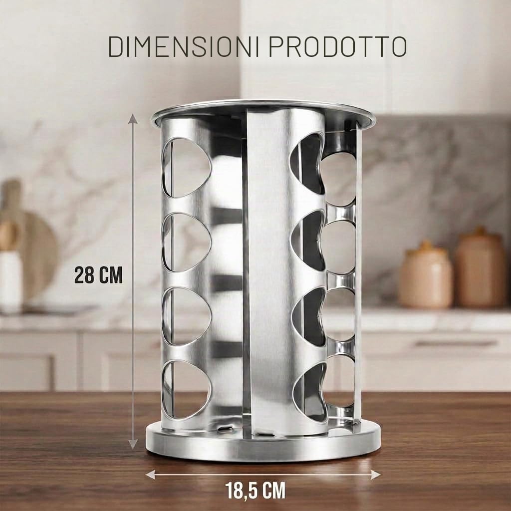 edihome, Porta Spezie per Cucina, Girevole, 360º, 16 Barattoli di Spezie, con Coperchi e Dispenser Individuali, Organizer, con Etichette per Barattoli