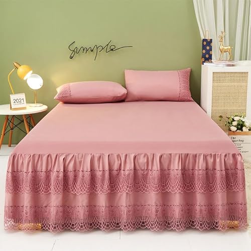 Lace Ruffled Pleated Base Valance Sheet Wrap Around Style Bed Protector Bedspread Solid Color Bedskirt Coverlets(I,150X200cm+2 Pillowcases)