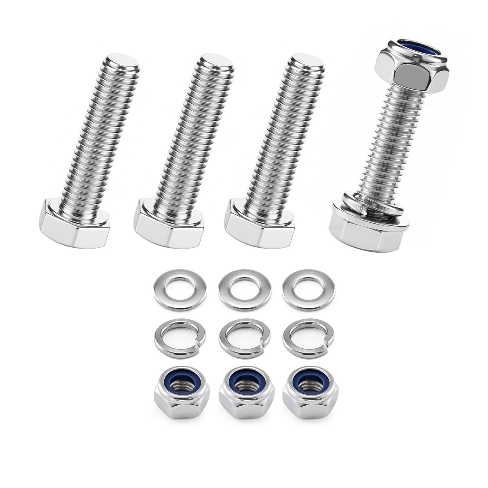 4-Pack M8 x 35mm 304 Stainless Steel Hex Head Bolts with Nylon Nuts and Flat Washers, Fully Threaded DIN 933 Metric Bolt Kit for Construction, Automotive, Furniture, Machinery & 3D Printing
