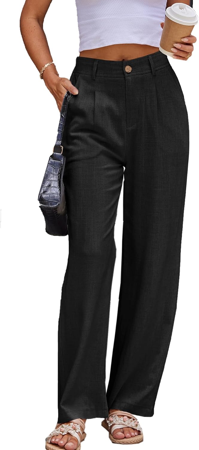 Fakanhui Women's Linen Dressy Work Casual Pants Summer Business Straight Wide Leg Cotton Linen Trouser Pants