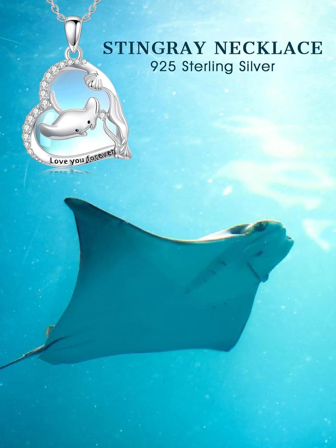 Dorunmo Stingray Necklace 925 Sterling Silver Heart Moonstone Manta Ray Pendant Necklace Ocean Fish Jewelry Gifts for Women - Image 6