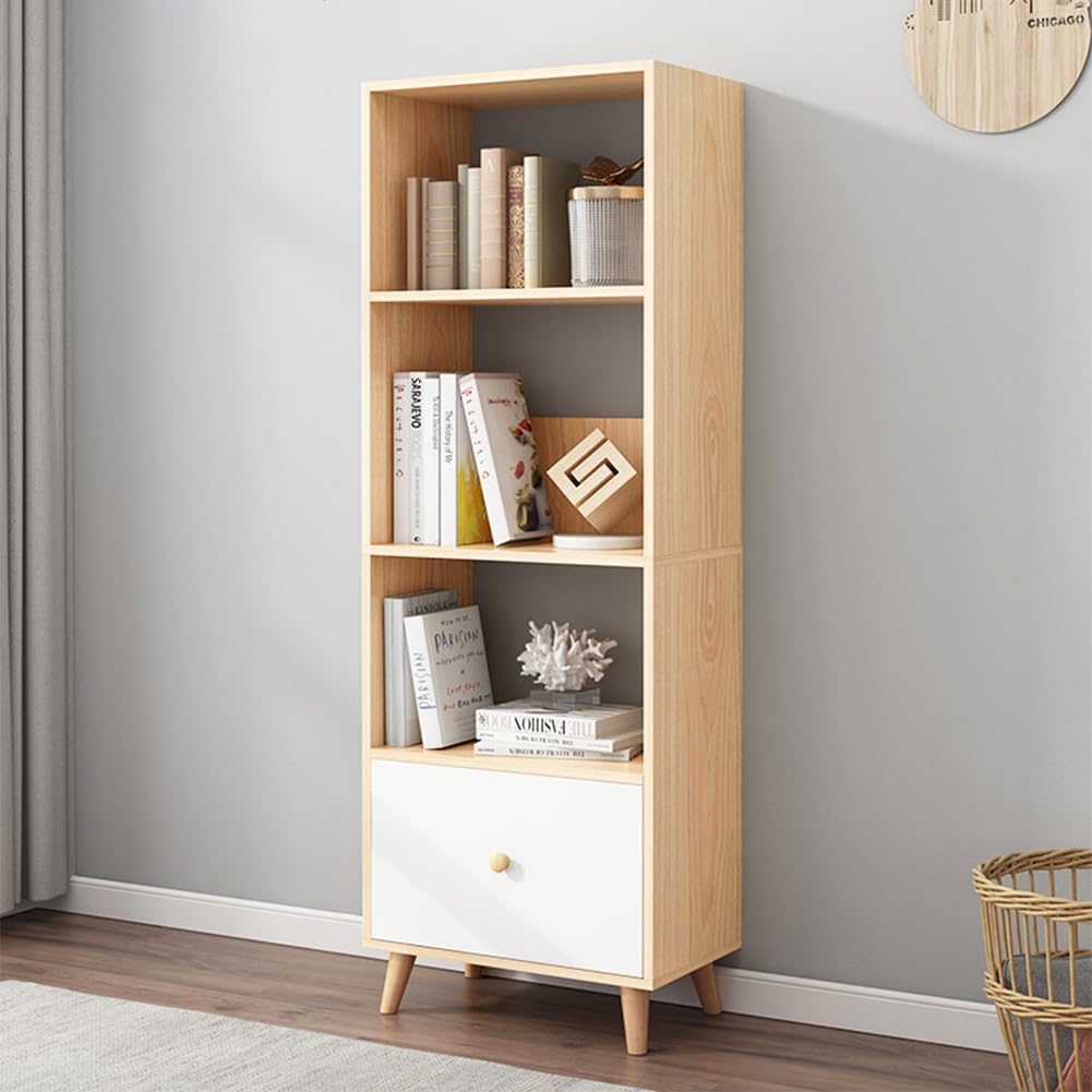IOTXY Open Shelf Cube Bookcase - 59" Tall Mid-Century Large Bookshelf with Drawer and Deepen Display Storage Cabinet for Home Office, Oak