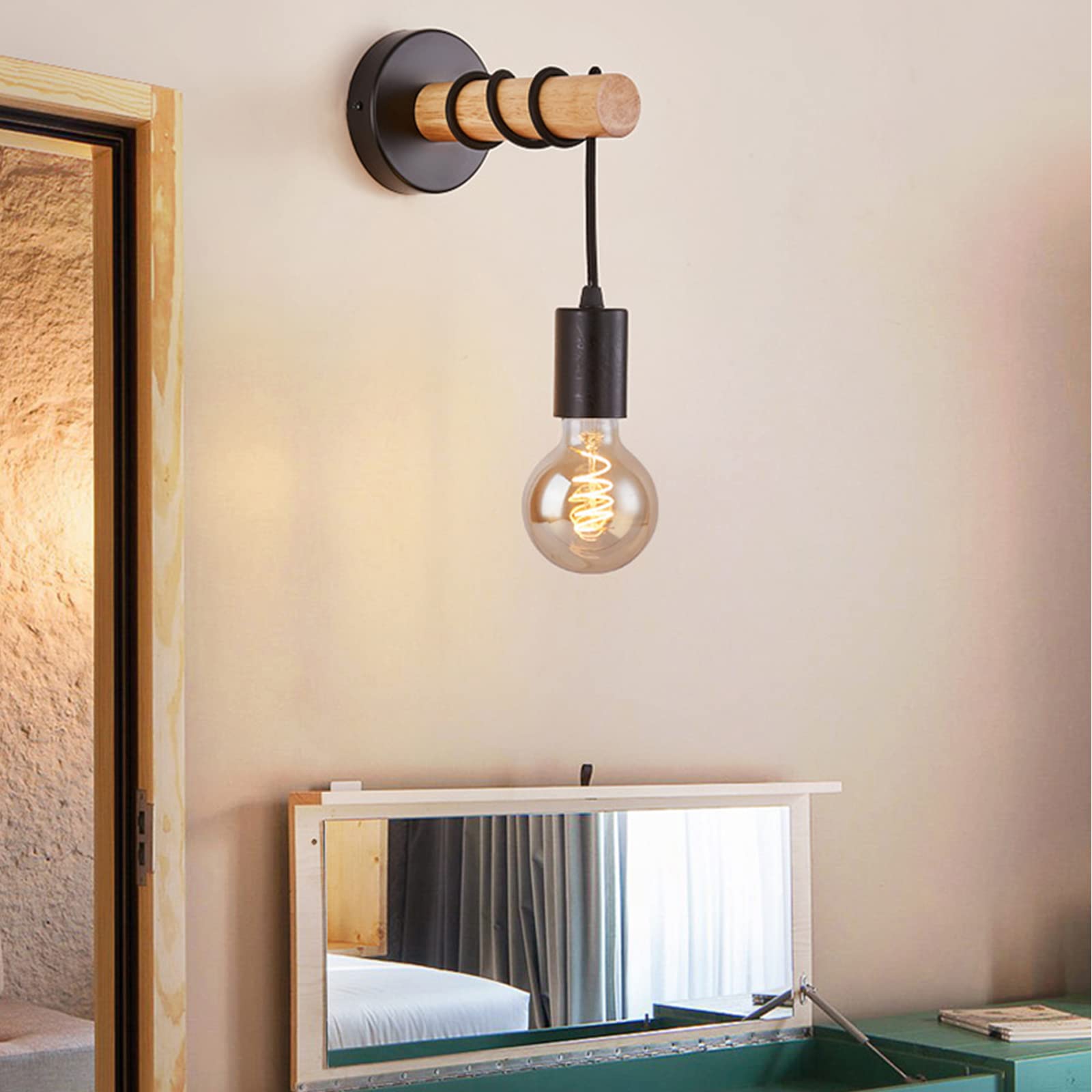 HTRUIYATY Applique Vintage in Legno E27 Industriale Retrò Lampada da Parete con Base in Metallo e Braccio in Legno Lampada a Muro a Sospensione Nero (Senza Lampadine)