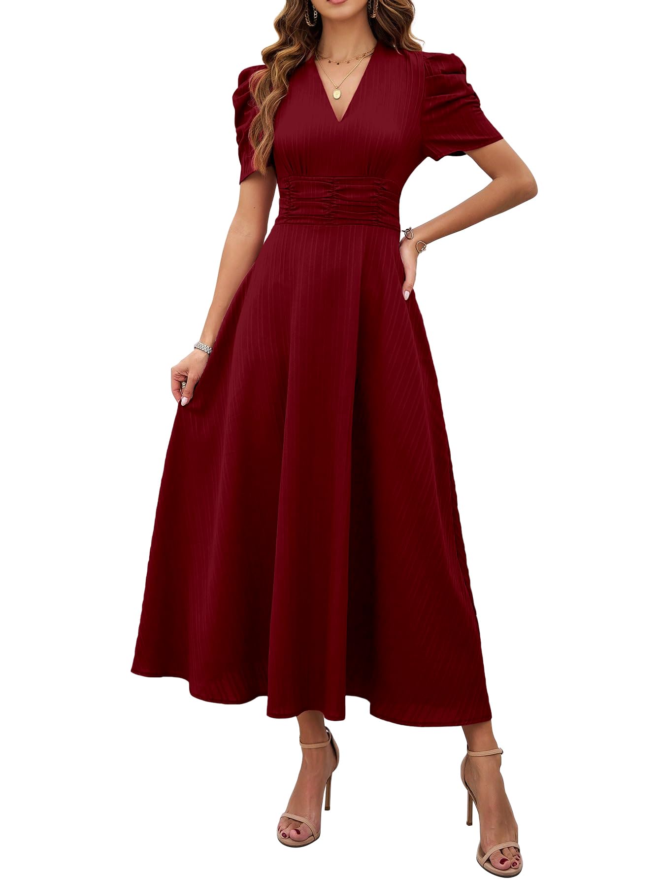 Shasmi Robe longue trapèze unie à col en V pour femme - Robe de soirée - Robe de fête du Nouvel An - Manches bouffantes - Taille ajustée - Style occidental élégant et décontracté (robe