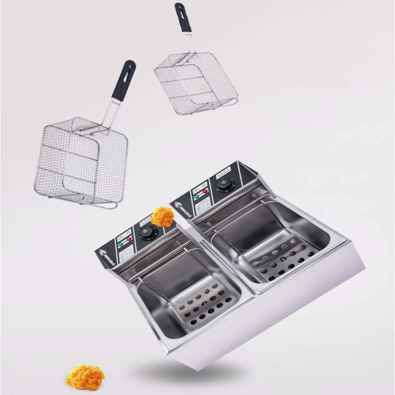 Freidora Comercial de Doble Tanque, freidora eléctrica Profesional de 20L, freidora de 5000W con 2 cestas para freír y Tapa, para freír Alimentos
