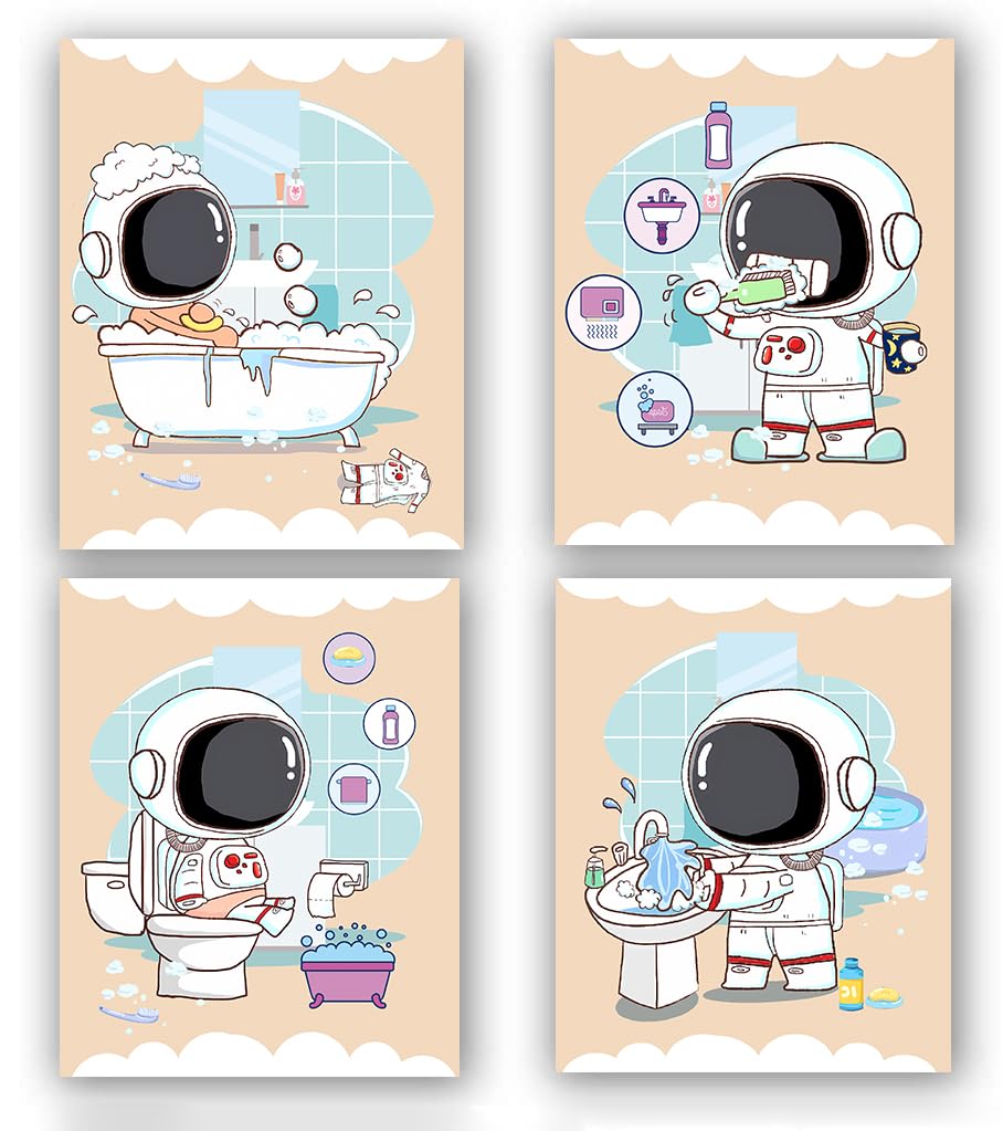 Kids Nursery Space Decor，Astronaut Kids Bathroom Bedtime Chores Routine Instant Wall Art Decor，Cute Paintings Living Room Wall Decor,Astronaut Outer