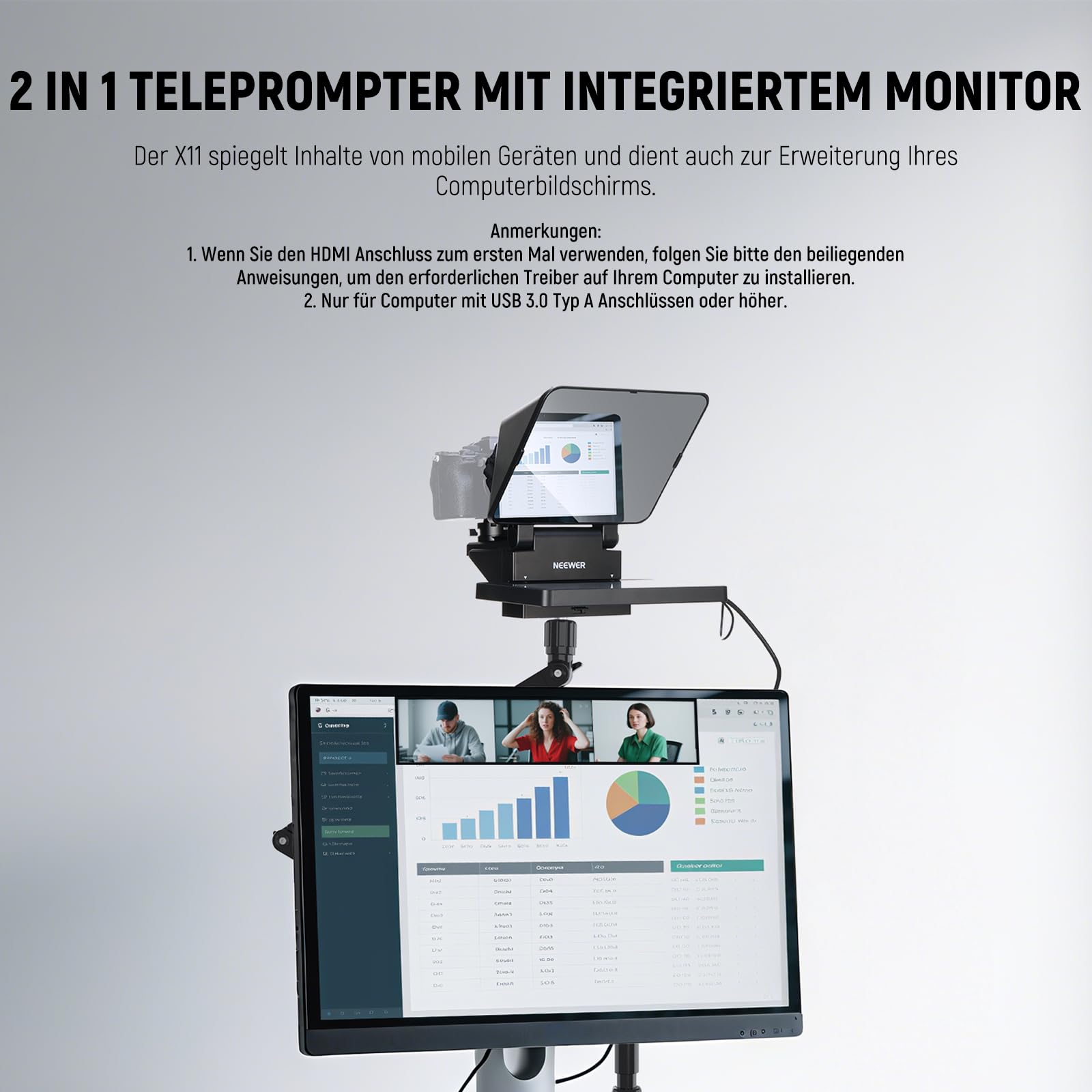 NEEWER 2 in 1 Teleprompter 11 Zoll mit Monitor, Bildschirmspiegelung, Kunststoff, tragbarer Teleprompter für Kamera Smartphone Webcam Windows macOS für YouTube Twitch Live Streaming Konferenzen, X11