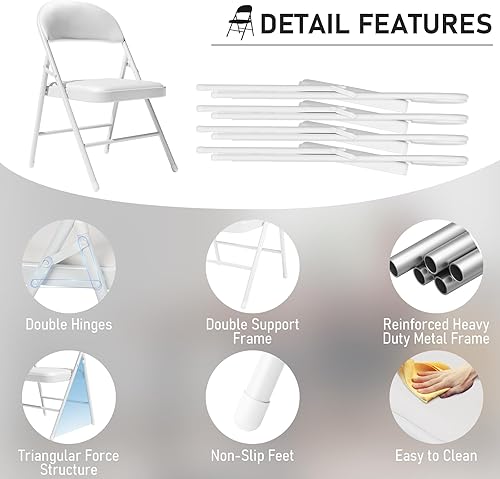 Miniatura 5 de Paquete de 12 sillas plegables blancas con cojín acolchado y respaldo para exteriores, sillas plegables comerciales apilables portátiles con marco