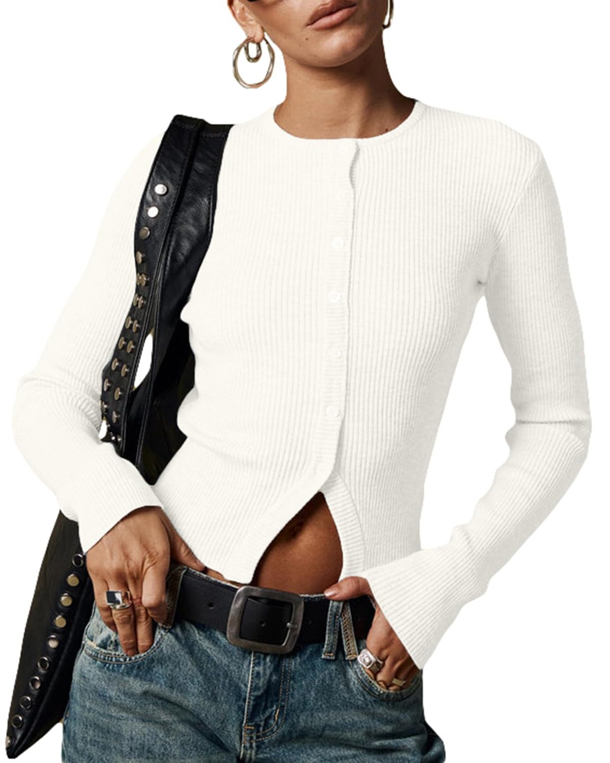 Women Casual Front Open Button Down Ribbed Cropped Cardigan Y2k Crewneck Slim Fit Long Sleeve Sweater Shirts