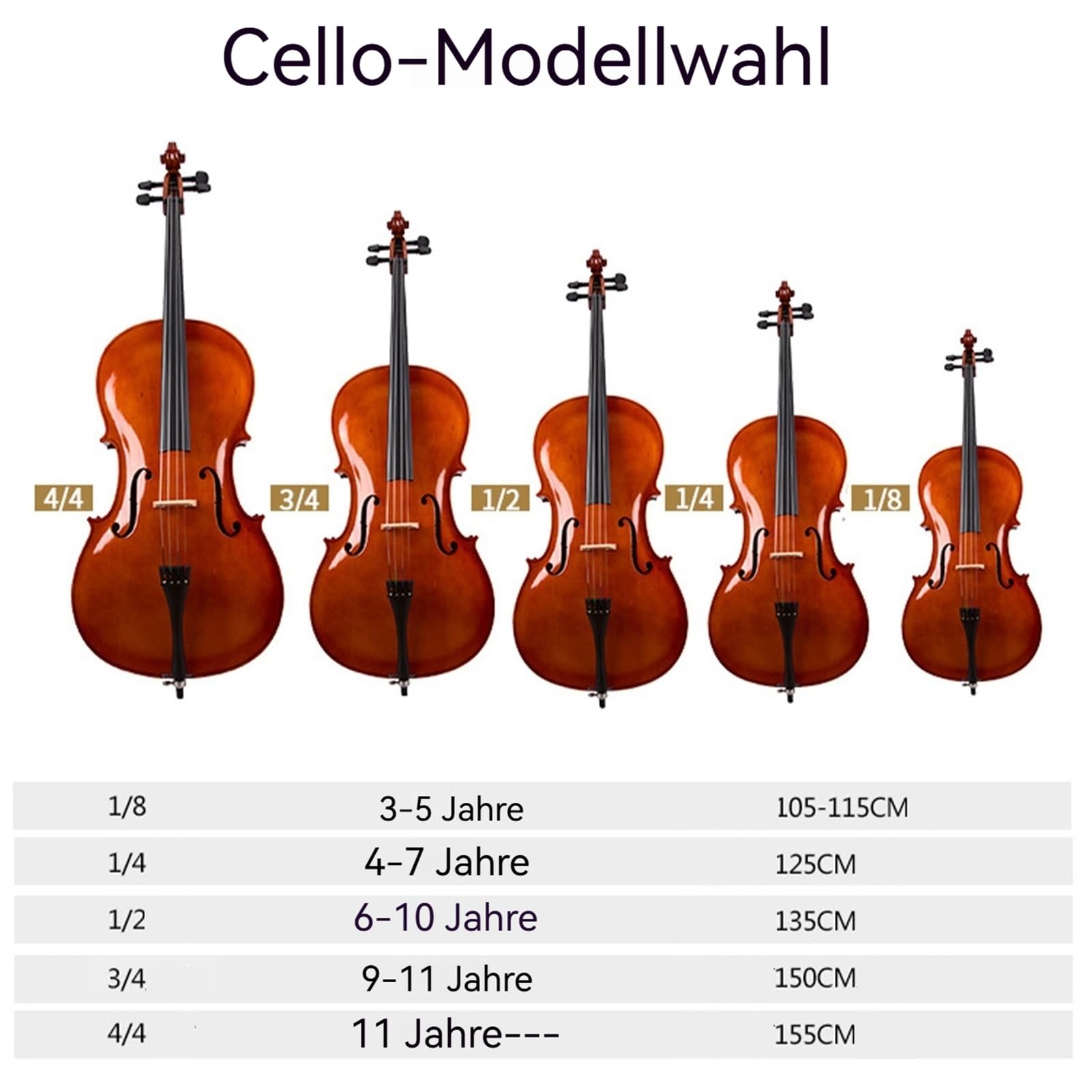 Set per violoncello principianti, per bambini e adulti, con valigetta in acero naturale (1/2)