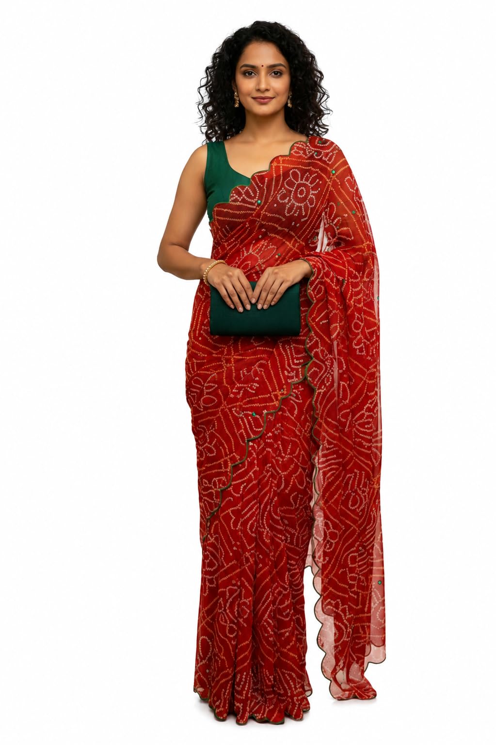 Women's Georgette Bandhani Print Saree with Mirror Work & Scalloped Lace Border with Unstitched Blouse Piece-image-34