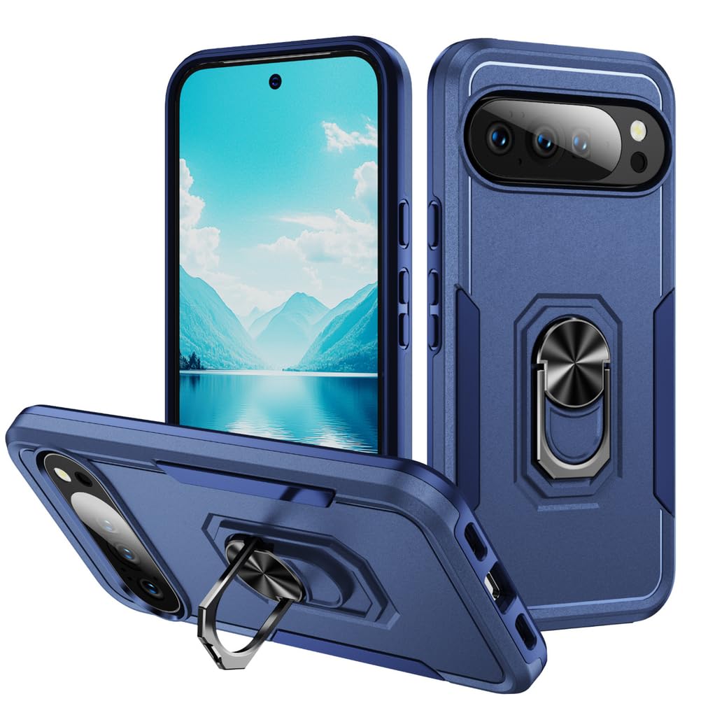 Stoßfest Hülle für Google Pixel 10 Pro/10 Pro XL/10, Gefrostet rutschfest Hart PC Schutzhülle mit Drehbarer Metall Ständer Handyhülle,Blau,10