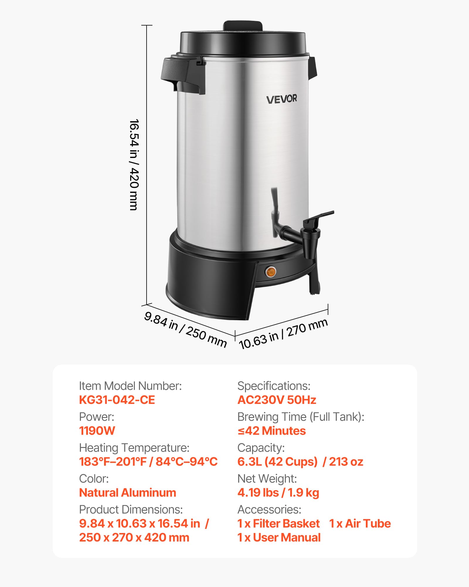 VEVOR Distributore Bevande Calde Caffè Elettrico 1190 W 250 x 270 x 420 mm, Rubinetto Antigoccia, Caffettiera per Vin Brulè Tè Caffè, Controllo Automatico di Temperatura, Catering, Hotel, Ristorante
