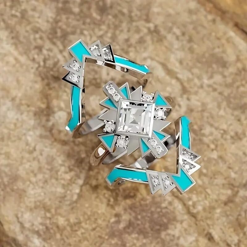 925 Sterling Silver Turquoise Ring for Women, Dainty & Chunky Adjustable Vintage Boho Ring, Minimalist Elegant Statement Jewelry, Sparkling Blue Gemstone Gift for Her Size 6 - Image 2