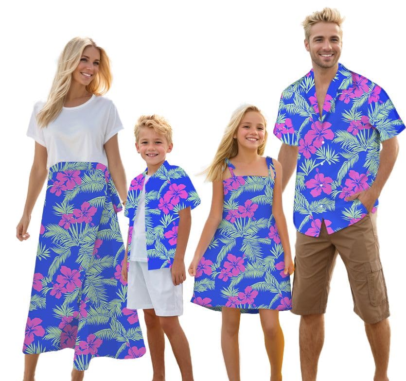Image of Cromoncent Matching Hawaiian Outfits for Family, Dad and Son Matching Luau Beach Tropical Shirts Mommy Daughter Tropical Sets