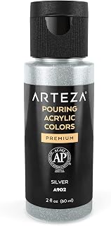 ARTEZA Acrylic Pouring Paint - 2oz (60 ml), Silver High Flow, No Mixing Needed, For Pouring on Canvas, Glass, Paper, Wood, Tile, Stones