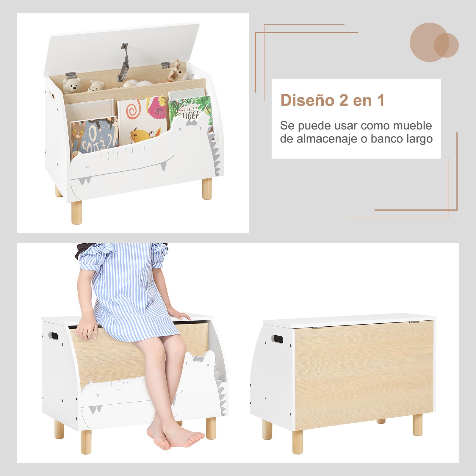 WOLTU Caja de Almacenamiento de Madera, 60x30x44 cm | Banco con Estante, Diseño de Cocodrilos, Cajonera Estantería Libros, Baúl de Almacenaje para Cuarto, Pie de Cama Infantil