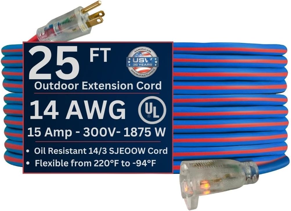 US Wire 98025 14/3 25-Foot SJEOW TPE Cold Weather Extension Cord Blue with Lighted Plug