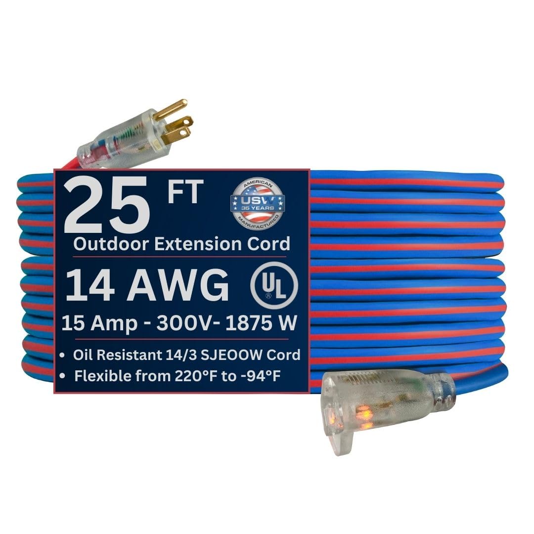 US Wire 98025 14/3 25-Foot SJEOW TPE Cold Weather Extension Cord Blue with Lighted Plug