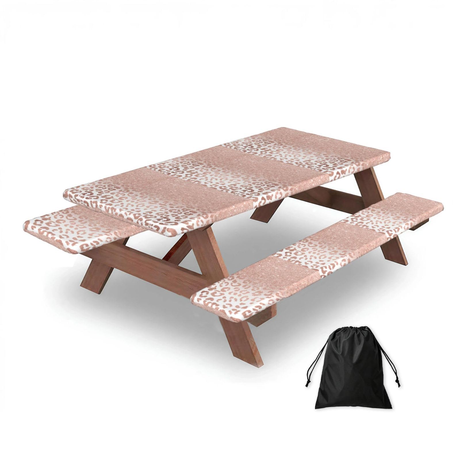 Dopklna As Picture Trendy Faux Rose Gold Glitter Ombre Leopard, Picnic Table Cover With Bench Covers -Waterproof Elastic Fitted Tablecloth For Garden Camping Patio 76X152cm
