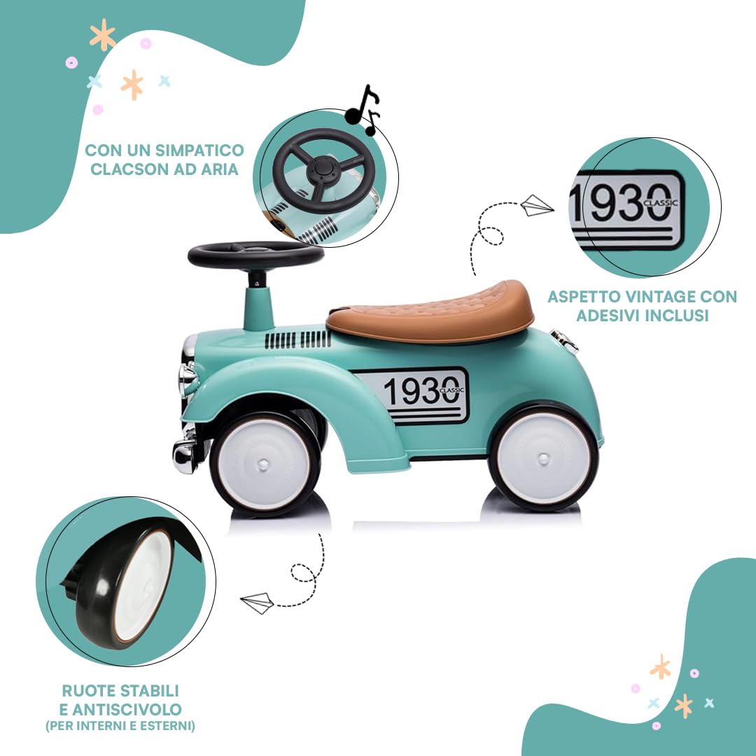 Baroni Toys Macchina Ride-On Vintage per Bambini dai 12 ai 36 Mesi, Baby Car con Clacson ad Aria, Vano Portaoggetti, Manubrio Sterzante e Ruote Stabili per Imparare a Camminare, 25x59x35 cm, Celeste