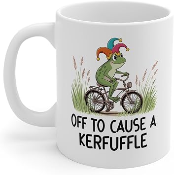 Off to Cause a Kerfuffle Frog on a Bike Mug, Cute Funny Coffee Cup, Animal Quote Humor, Whimsical Joke Present, Cycling Gift