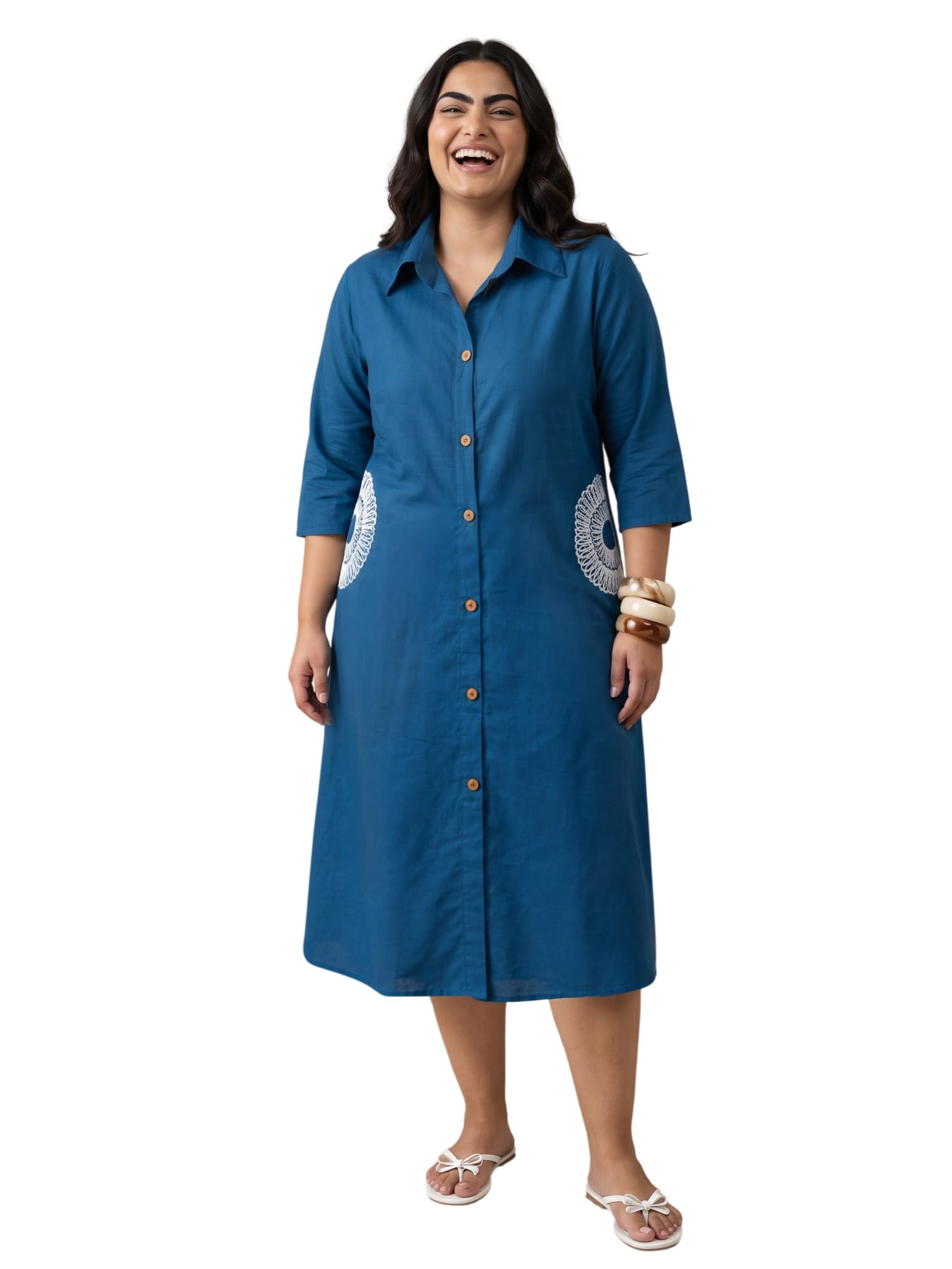 Women's Blue Cotton Blend Shirt Dress with Embroidered Pockets-image-0
