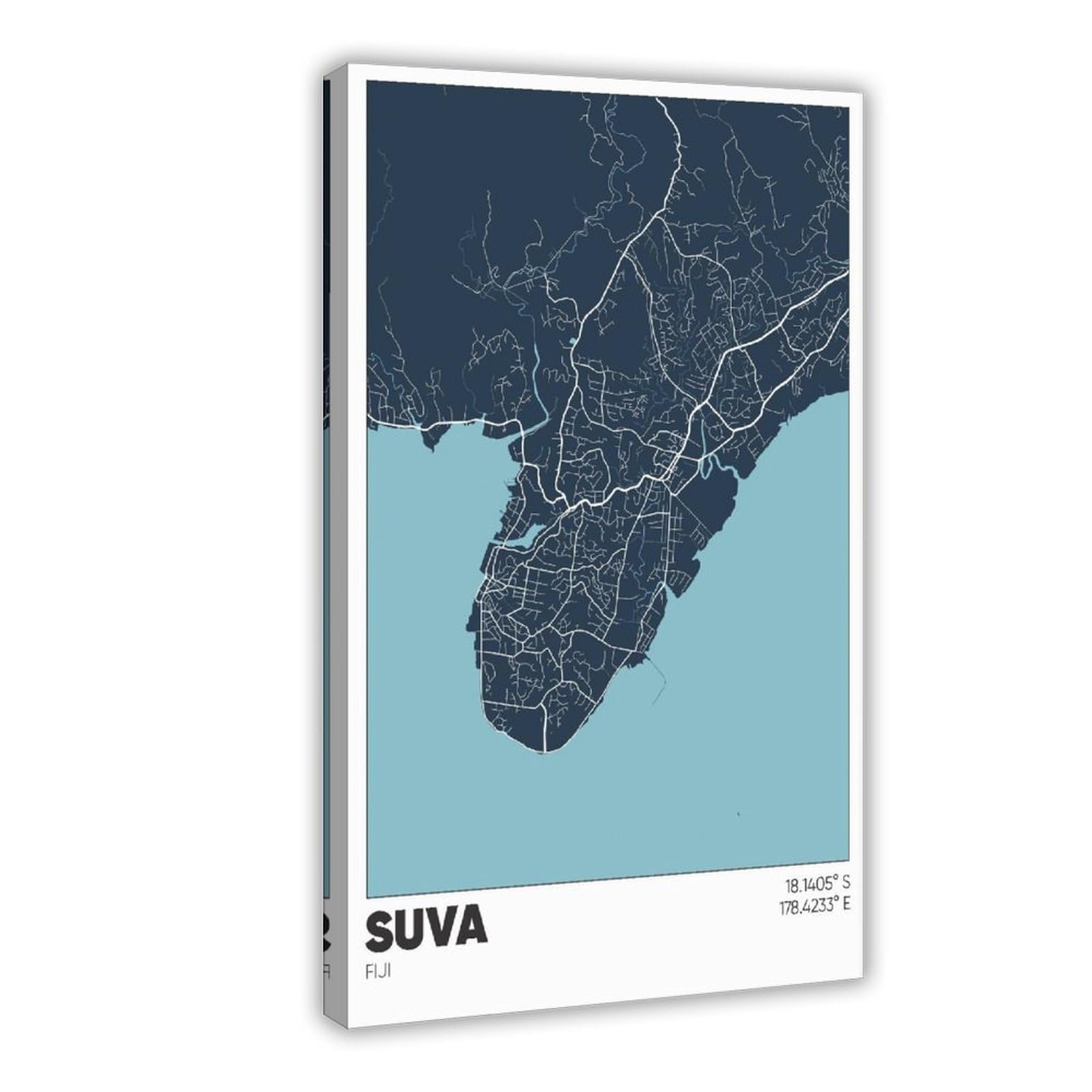 ANFOTCM Suva Mapa Fidżi, plakat na płótnie dekoracja sypialni sport krajobraz biuro pokój dekoracja prezent 60 x 90 cm