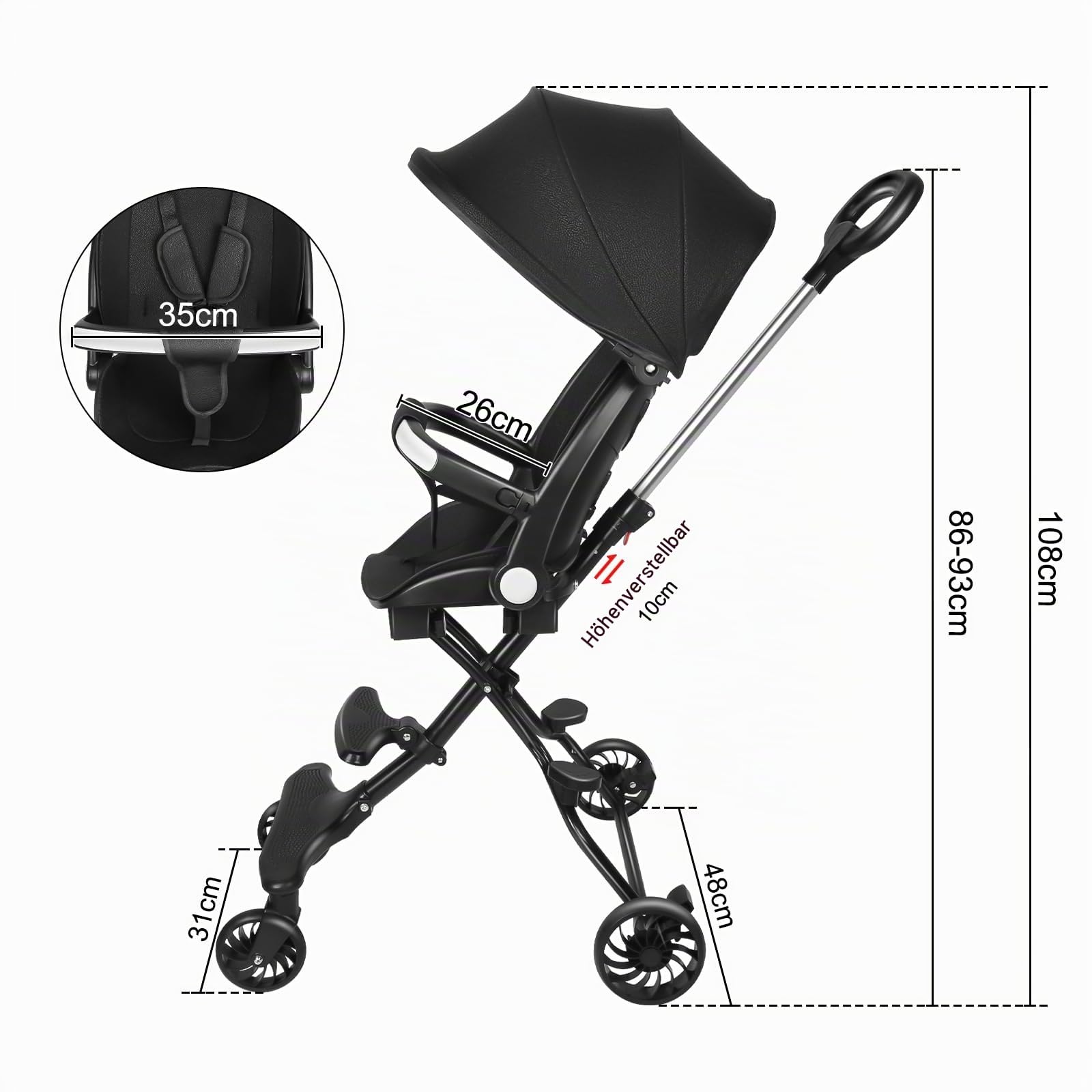Kinderwagen, ultraleicht, Buggy, 6 Monate bis 4 Jahre, Reisekinderwagen, tragbar und leicht, höhenverstellbar, 3-Punkt-Gurt, verstellbares Dach (schwarz)