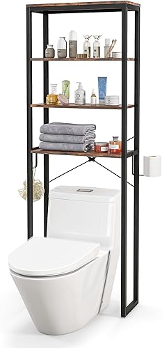 Giantex Estante de almacenamiento sobre el inodoro, ahorro de espacio de baño de madera de 4 niveles con marco de metal y 2 ganchos, estante de