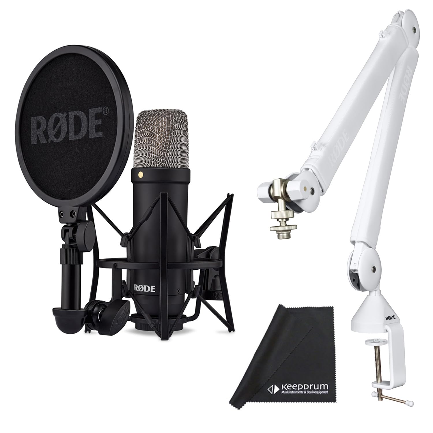 Rode NT1 Signature Black - Micrófono de estudio + PSA-1+ trípode articulado blanco + paño de microfibra keepdrum