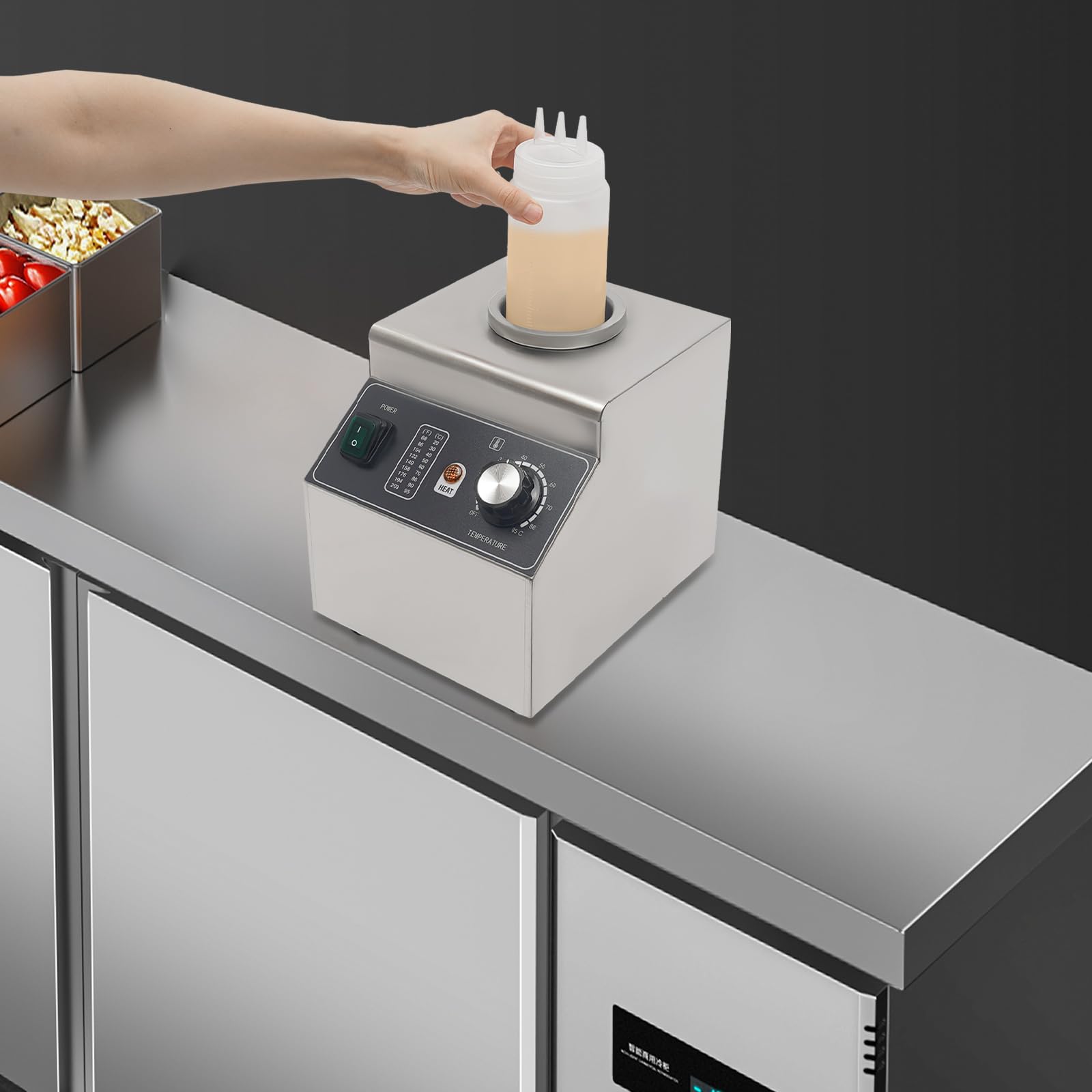 Chauffe-sauce électrique 100W en acier inoxydable, chauffe-fromage pour sauces, fromage, chocolat, chauffe-sauce avec bouteille de 680 ml à pression, réglable de 30°C à 85°C