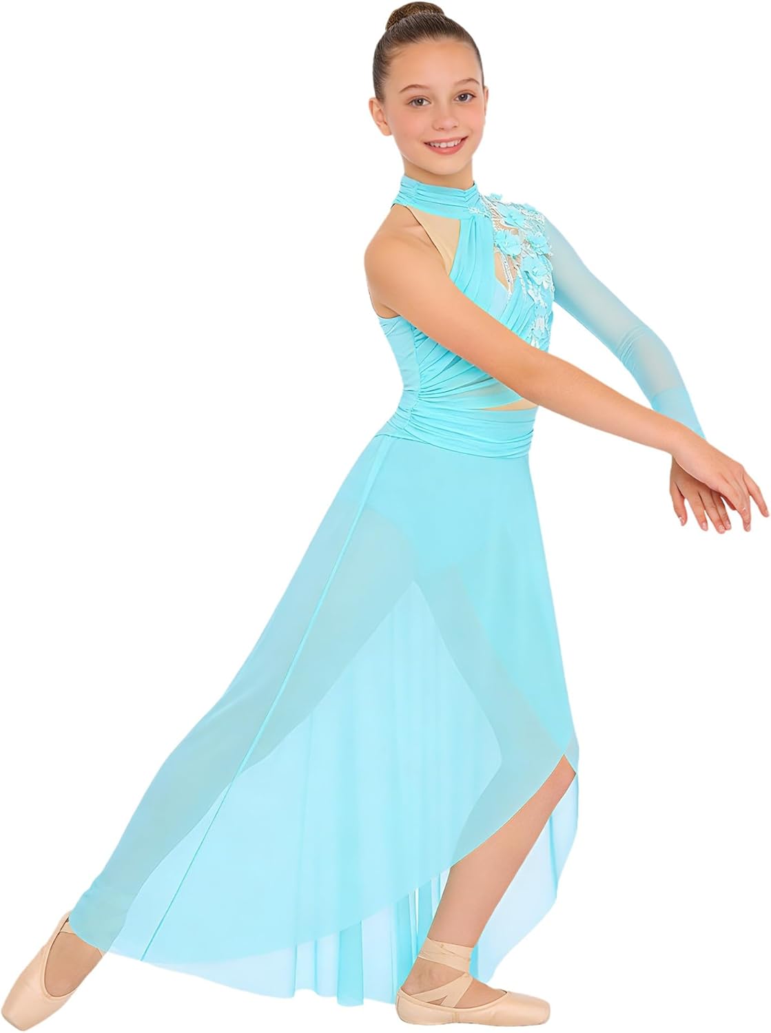 ranrann Kids Girls Lyrical Contemporary Dance Dress Mock Neck Ballet Dance Leotard High Low Split Long Dress