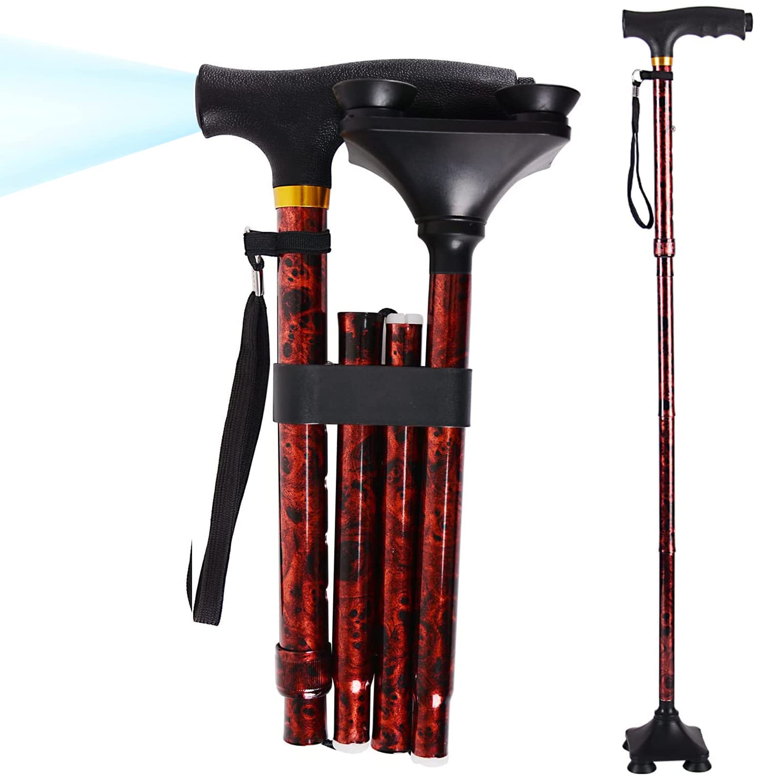 Walking Cane‎ YOKABOZE Folding Walking Cane with LED Light for Men & Women, Foldable Adjustable Lightweight Walking Stick Balancing Mobility Aid Cane (Hot Flame)