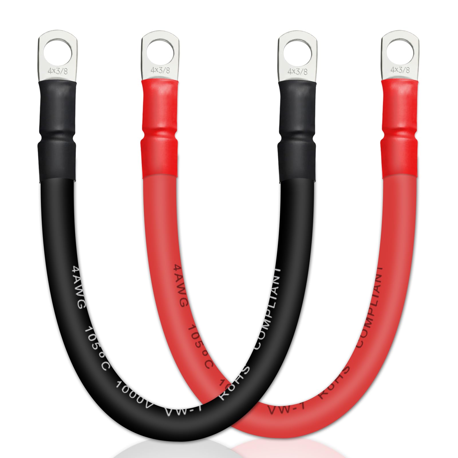 ZONBANG 4 AWG Battery Cable with 3/8 inch Terminals, Copper Battery Inverter Cables for Car RV Automotive Solar, 1FT(2 Pack)