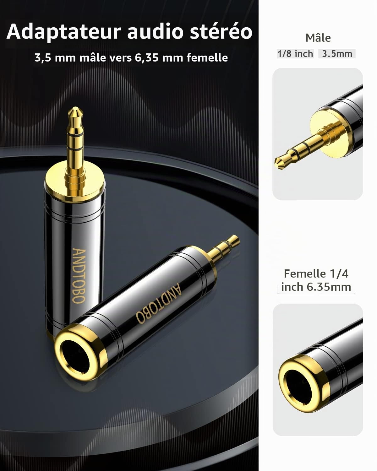 ANDTOBO Adaptateur Casque stéréo 1/4" vers 3,5 mm Jack Femelle 6,35 mm Noir