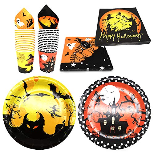 INHEMI 92u00a0piezas Halloween Fiesta Vajilla Desechables,Juego de Vajilla de Papel con 26 Platos, 26 Vasos y 40 Servilletas