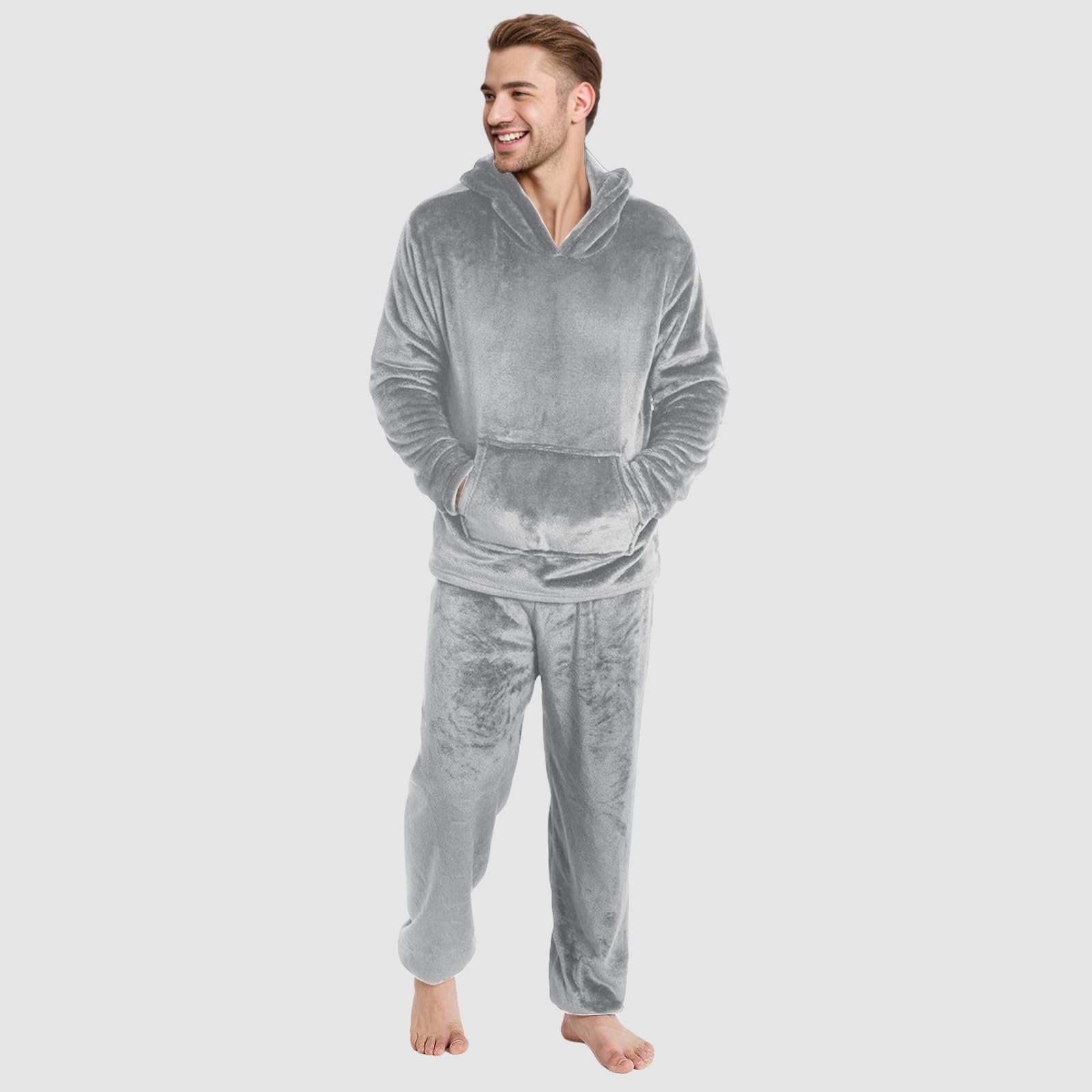 Generisch Pijama largo de franela para hombre, de forro polar, con capucha y pierna ancha, pantalones de casa elásticos, juego de dos piezas, mullido, térmico, con capucha, pantalones de dormir