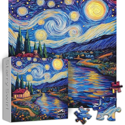 Rompecabezas de 1000 piezas Starry Night de Van Gogh, rompecabezas artístico de paisaje natural para adultos miniatura 2