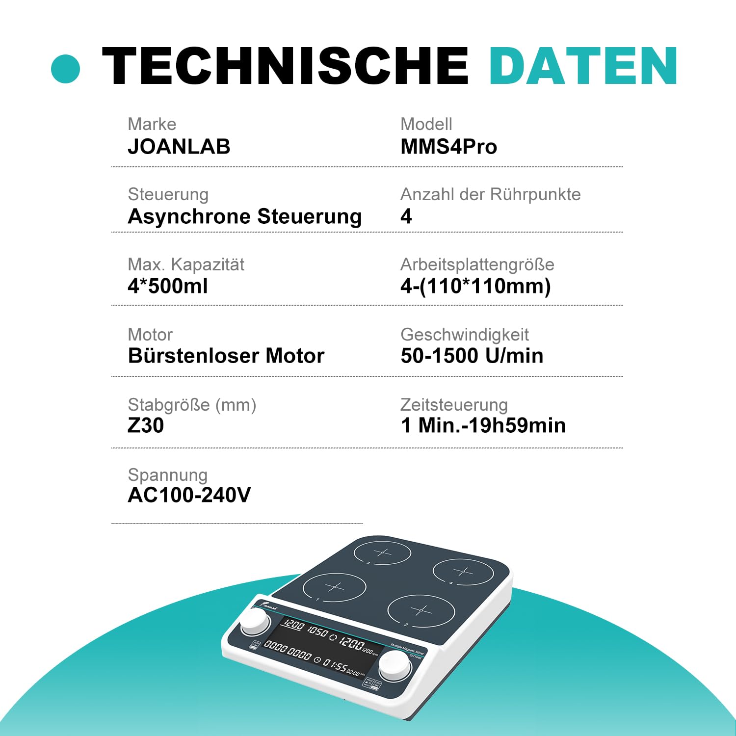 JOANLAB Magnetrührer digital, 4-fach, Mit Sync/Async-Funktion, 50-1500 U/min, Timer, 4x500 ml, für Labor(MMS-4PRO)