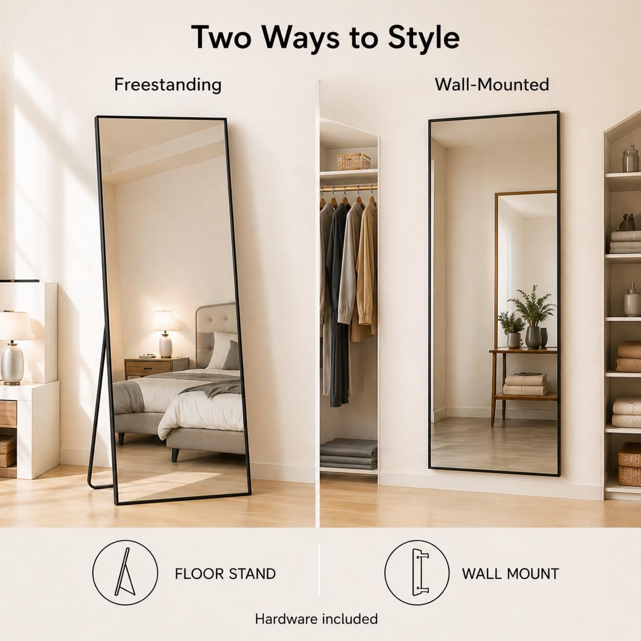 Espejo de Pie Moderno 52x161 cm | Espejo de Cuerpo Entero Resistente con Marco de Aluminio Estrecho | para Salón, Dormitorio y Vestidor | Función Doble: De Pie o Colgante