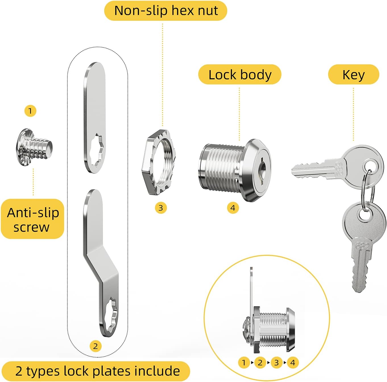 Cabinet Cam Lock Set, 5 Pack Keyed Alike 5/8 Inch Cylinder Cam Locks Secure Mailbox File Drawer Dresser RV Compartment Lock Tool Box Replacement Hardware, Chrome-Finish Zinc Alloy