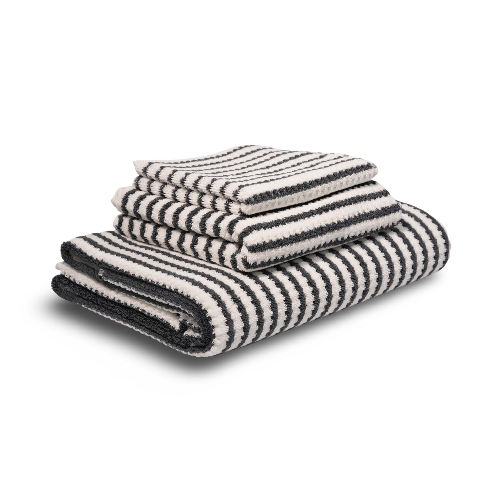 Soie Satinée - Juego de 3 toallas de mano Gaufre Tissage, colección Boutiq Home Collection, Fumé Dégradé Ivoire Rayures